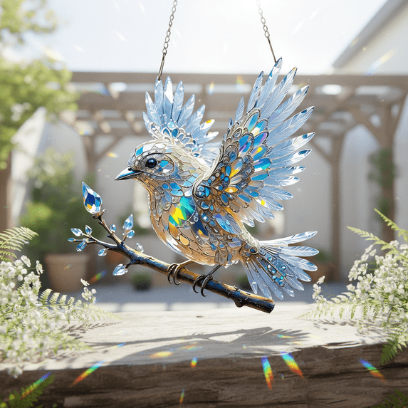 8In Diamond Art Bird Suncatcher Crystal Inspired Acrylic Stained Art Ornament Double Sided Window Hanging Decor for Indoor Yard Garden Artistic Bird Ornament