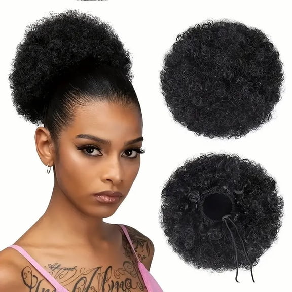 8Inch 1PC Natural Black Puff Ponytail Human Hair Bun Kinky Curly Drawstring Ponytail Clip In Hair Extensions Soft Feel Hair Chignon