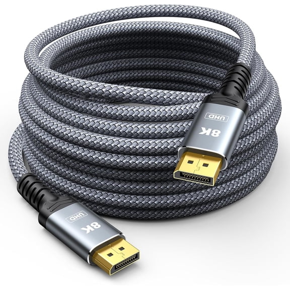 8K 4K DisplayPort Cable 1.4, Fiber Optic 50FT DP Cord (8K@60Hz, 4K@144Hz, 2K@240Hz/165Hz), 32.4Gbps High Speed Display Port Cable for Gaming Monitor, HDR/FreeSync/G-Sync, Braided, Grey