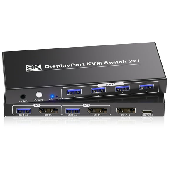 DisplayPort KVM Switch, 2 Port, 8K@60Hz 4K@120Hz, for 2 Computers 1 Monitor, with 4 Port USB 3.0 Hub