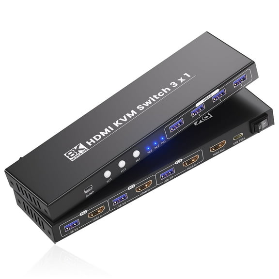 8K@60Hz 4K@120Hz HDMI KVM Switch 1 Monitor 3 Computers - Control 3 Devices with 1 Monitor, Keyboard & Mouse + USB 3.0 Speed
