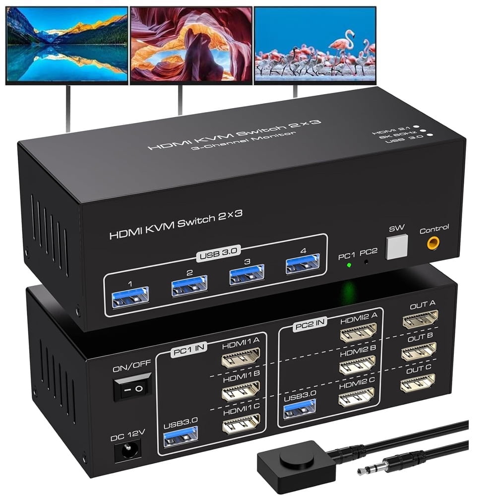 8K@60Hz HDMI KVM Switch 3 Monitors 2 Computers 4K@120Hz USB 3.0 KVM Switches Triple Monitor 2 Ports Share 1 Set of Keyboard Mouse Printer Scanner Between 2 PC or Laptops with Wired Controller