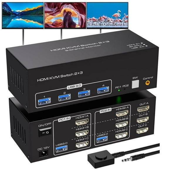 8K@60Hz HDMI KVM Switch 3 Monitors 2 Computers 4K@120Hz USB 3.0 KVM Switches Triple Monitor 2 Ports Share 1 Set of Keyboard Mouse Printer Scanner Between 2 PC or Laptops with Wired Controller