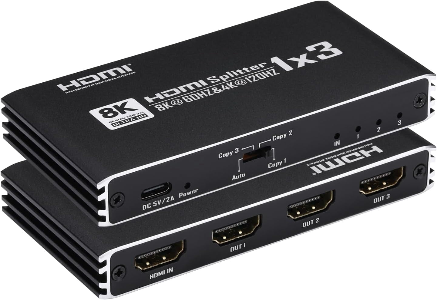 8K@60Hz HDMI 2.1 Splitter Cable 1 in 3 Out 1x3, Support 4K@120Hz 1080P@240Hz 48Gbps VRR HDCP2.3 HDR HDR10 EDID Dolby Atmos 7.1ch Audio, Only Duplicate/Mirror Screens Not Extend