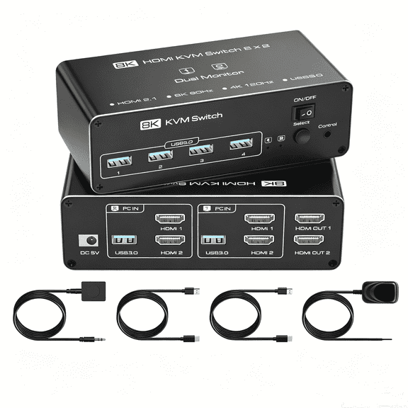 MIZUSO 8K@60Hz Hdmi Kvm Switch, For 2 Pcs And 2 Monitors, Supports Mirror & Extend Modes, Built With Usb 3.0 Ports, Includes Usb 3.0 Cable And Wired Controller