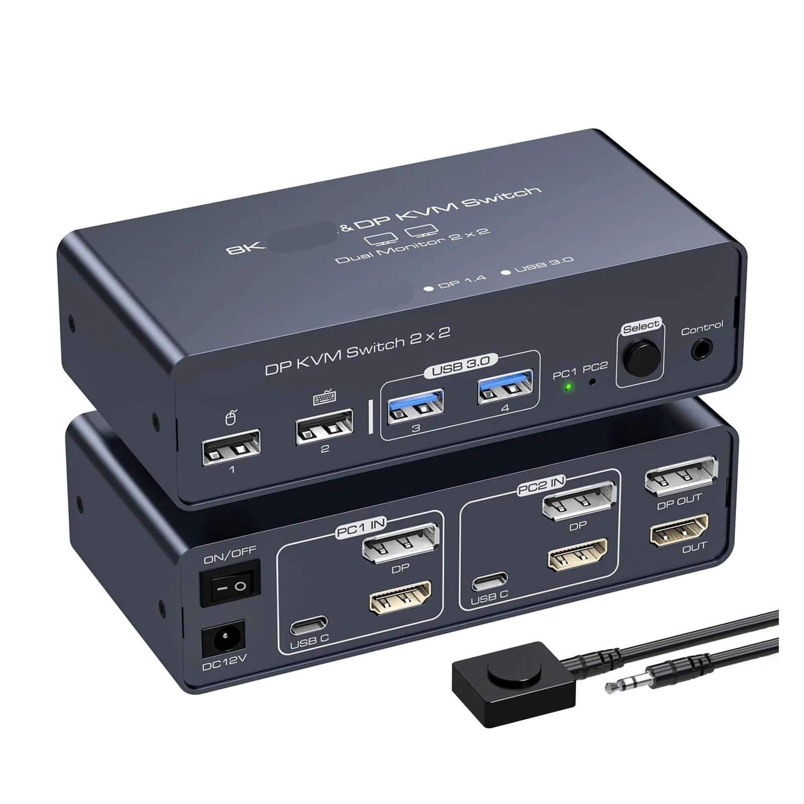 8K 60Hz KVM Switch 2 PC Monitors, Ultra HD & DP Dual Display Selector