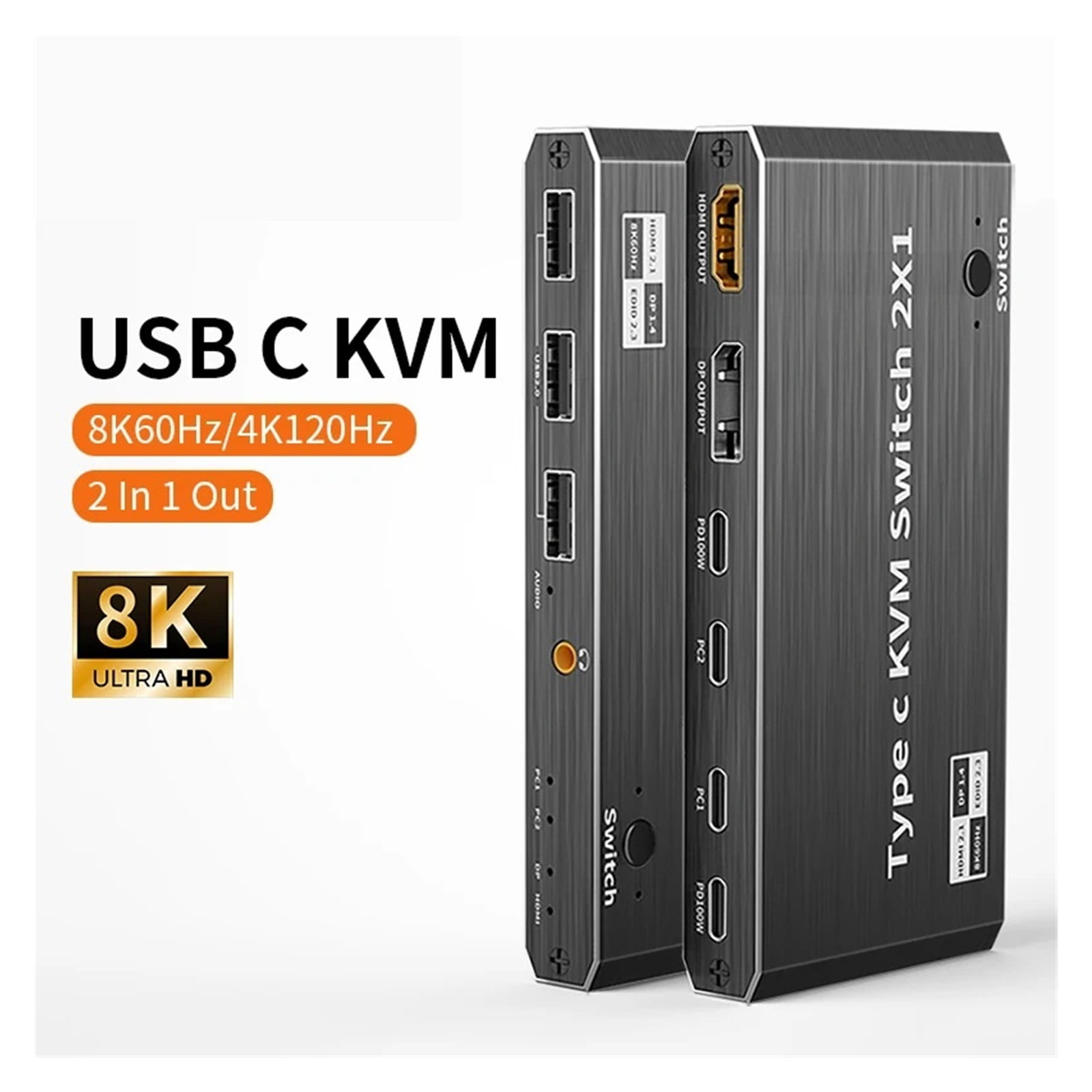 8K 60Hz USB Type C KVM Switch 2x1 4K 120Hz Thunderbolt 3/4 Video Switcher For 2 Laptop Connect To 1 DP Or Monitor