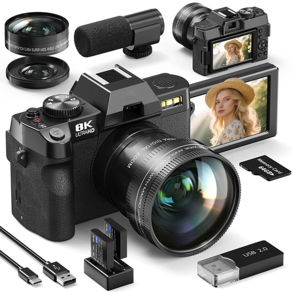 8K 64MP Digital Cameras for Photography with Dual-Lens,180Flip Screenpoint and Shoot Digital Cameras with 16X Digital Zoom,Autofocus Wifi Vlogging Camera, 2 Batteries,64GB Card
