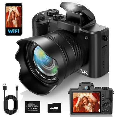 8K 88MP Digital Camera with WiFi, 16X Zoom, Touch Screen, Autofocus & Anti-Shake - Vlogging Camera with Dual Lens, 2 Batteries, 64GB Card & Flash (Black)