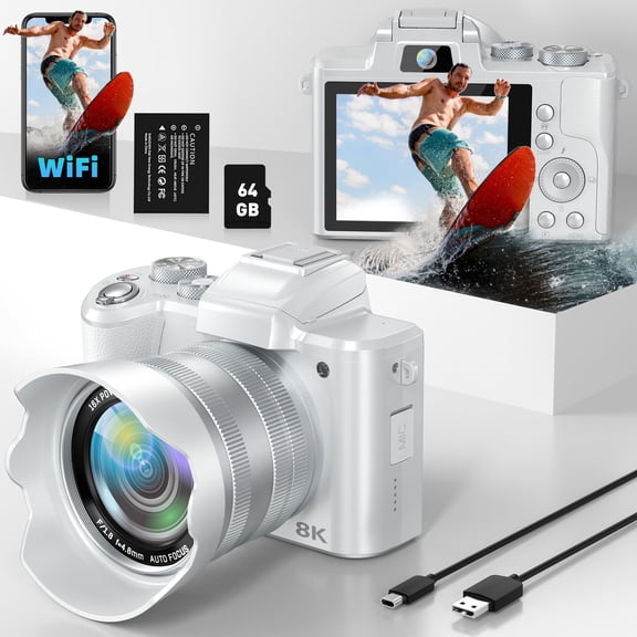 8K Digital Camera 88MP Autofocus WiFi Vlogging Camera for Photography with Front and Rear Lens, Flash, Touch Screen, Lens Hood-White