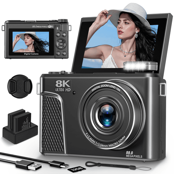 8K 88MP Digital Camera for YouTube Vlogging, 18X Digital Zoom Camera with WiFi, Autofocus, LED Light, External Mic Support, 2 Batteries & 32GB Card