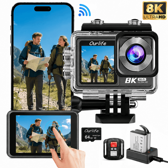 Ourlife 8K Waterproof Action Camera, 50MP Dual Screen WiFi Camera with EIS Stabilization, 170° Wide Angle Lens, 100ft Waterproof, 64G Card, 2Batteries
