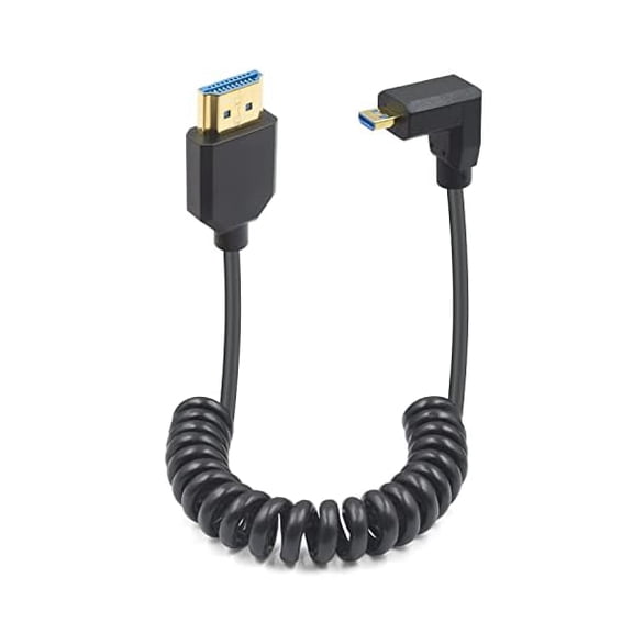 8K Coiled Micro HDMI to HDMI Cable 8K@60Hz, 48Gbps, Extreme Slim Down Angle 90 Degree HDMI Male to Micro HDMI Male Coiled Cable for Camera, Laptops, Raspberry Pi 5 4 3.3 FT/1M