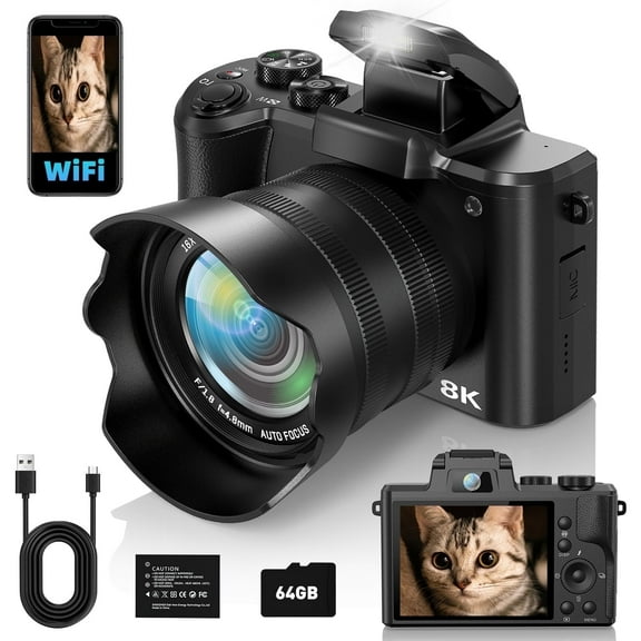 8K Digital Camera 88MP Autofocus WiFi Vlogging Camera for Photography with Front and Rear Lens, Flash, Touch Screen, Lens Hood-Black