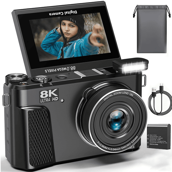 8K Digital Camera 88MP with 3" 180° Flip Screen, 18x Zoom, Autofocus, Lens Cover, Optional 32GB Card, Dark Gray