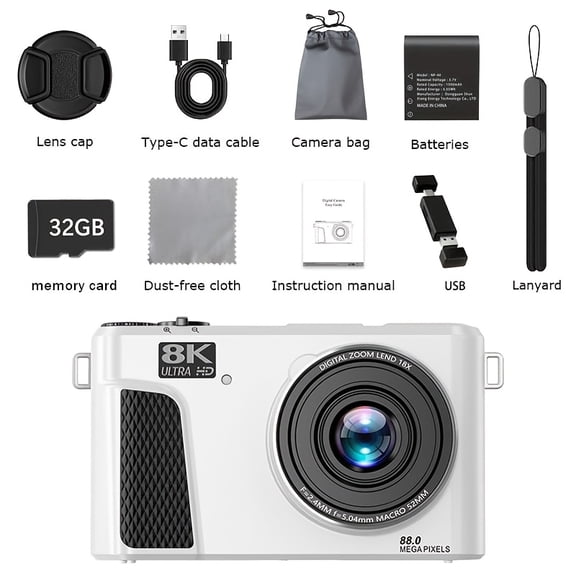 8K Digital Camera for Photography, 88 Million Pixel WiFi Vlogger Camera, Suitable for , Featuring A 3-inch 180° Flip Screen And 18x Digital Zoom with Autofocus, Lens Cover, And 32GB Memory Card