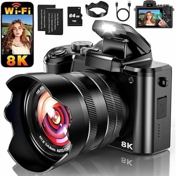 8K Digital Camera for Photography, 88MP WiFi Vlogging Camera with 3.2 in Touchscreen, Autofocus, 16X Digital Zoom, Anti-Shake, Dual Lens, Flash, 2 Batteries and 64GB Card Key Features: