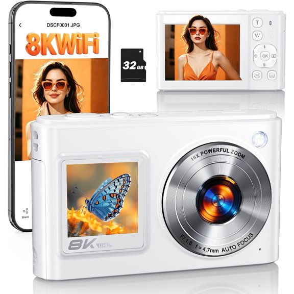 8K Digital Camera for Photography with WiFi, 96MP Autofocus Screens Selfie Vlogging Camera with 16X Zoom, Compact Point and Shoot Travel Camera for Teens Beginners with SD Card, 2