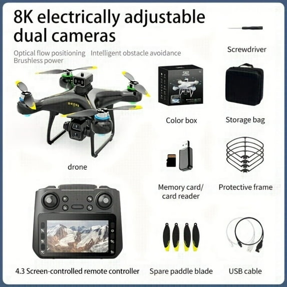 8K Dual Camera FPV Drone with 4.3" Screen Controller, Brushless Motors, 360° Obstacle Avoidance, One-Key Takeoff, Optical Flow, Dual Batteries, Foldable Quadcopter for Beginners & Holiday Gifts