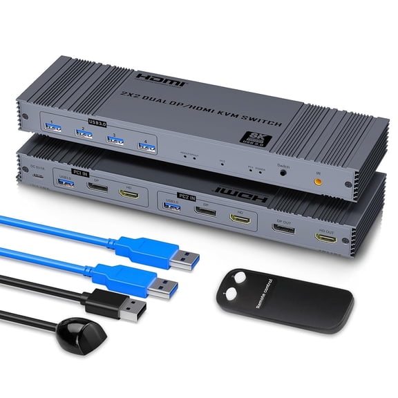 8K Dual HDMI KVM Switch 2 Monitors 2 Computers 8K@60Hz/4K@144Hz,Support 2 Computer Dual Monitors and 4 USB 3.0 Devices,Share Keyboard Mouse Printer with IR Controller