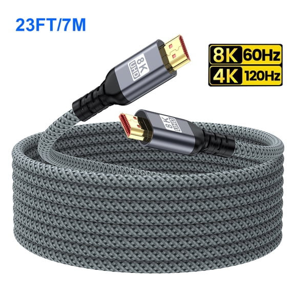 8K HDMI Cable 2.1, 7M/23FT Ultra High Speed 48Gbps (8K@60Hz 7680x4320, 4K@120Hz) Long Braided Cord, Supports Dynamic HDR eARC, DTS:X,RTX 3090, Compatible with HDTV/PS5/TV Box/Laptop/Projector/Monitor