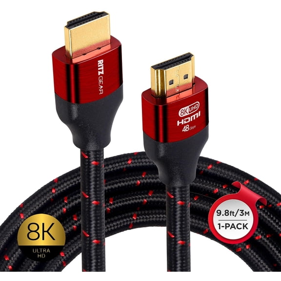 Ritz Gear 8K HDMI Cable 9.8 Ft. Indoor, HDMI to HDMI Cable with Braided Nylon Cord & Gold Connectors, New 1 Pack