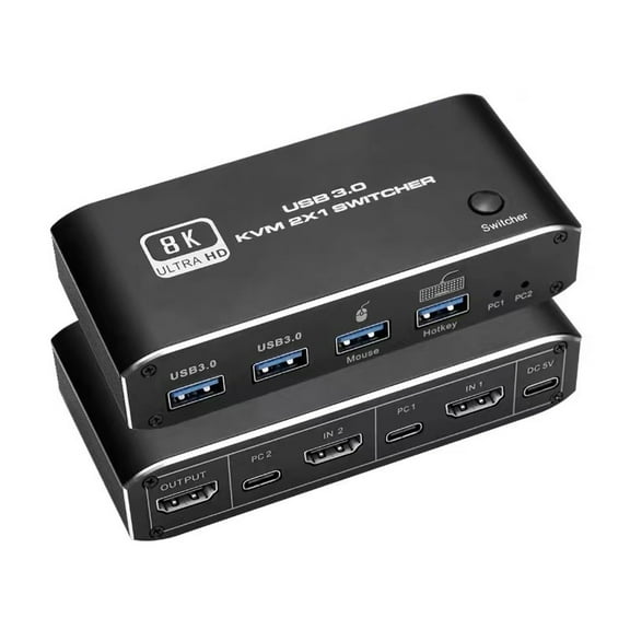 8K HDMI KVM Switch 8K USB KVM HDMI Switch 2x1 HDMI2.1 Ports + 4X USB3.0 KVM Ports,Share 2 Computers one Monitor Switch,Supports 8K 60Hz,4K 120Hz,YUV 4:4:4,HDCP 2.3,HDR 10,Hotkey,Darkish