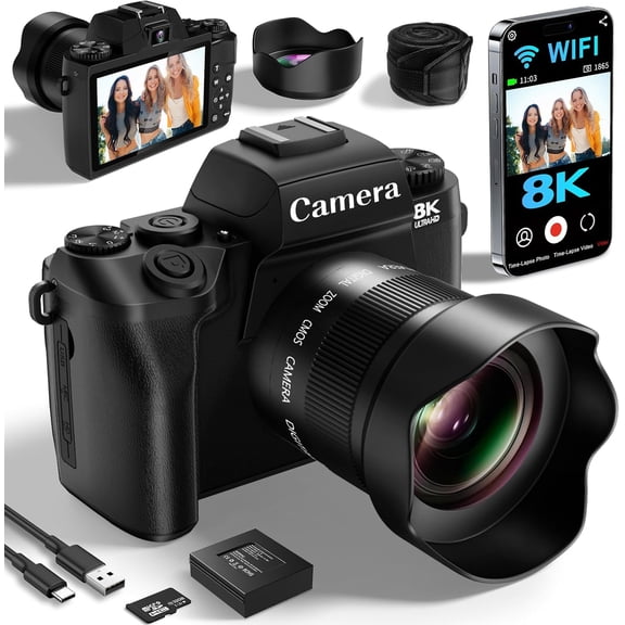 8K for Photography, 64MP Vlogging Camera for YouTube with 4" Touch Screen, Dual Front/Rear Cameras with LED Fill Light, 3000MAh Battery, Lens Hood, Hot Shoe & 32GB TF Card(Black