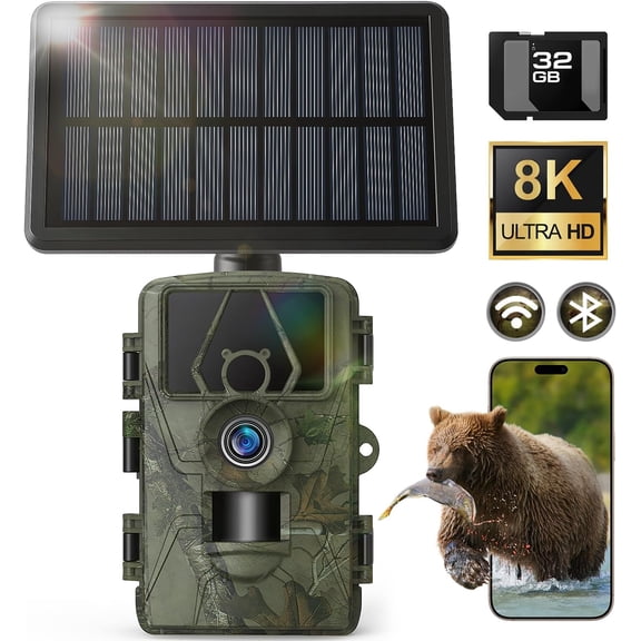 8K Solar Trail Camera, 60MP WiFi Camera, APP Control Trail Cam,120? Detection Angle/Night Vision/0.1S Trigger Motion Activated/IP66 , for Farm