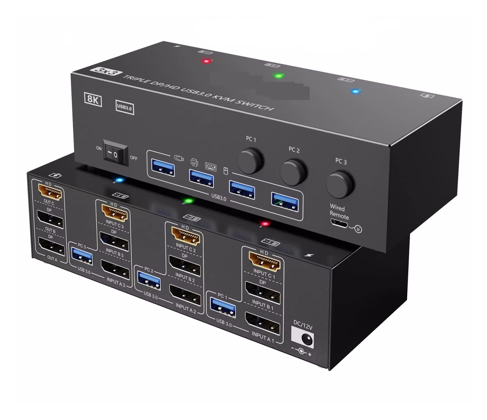 8K USB 3.0 2.1 DP 1.4 KVM Switch 3 Monitors 3 Computers, 8K60Hz,4K144Hz Triple Monitor KVM With 4 USB 3.0 Ports