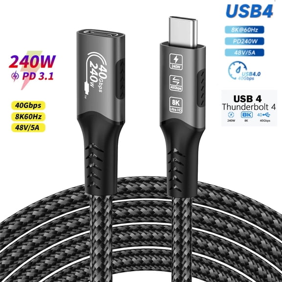 8K USB C 4 Extension Cable Fast Charging Cable Extender Male to Female Type C UHD Video 40Gbps 240W PD3.1 with Thunderbolt 4/3
