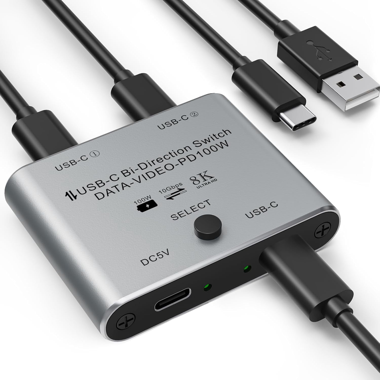 8K USB C Switch Bi-Directional, USB C KVM Switcher 8K@60Hz/4K@144Hz Video, 100W Power Delivery, 10Gbps Data Transfer – Includes Power Cable