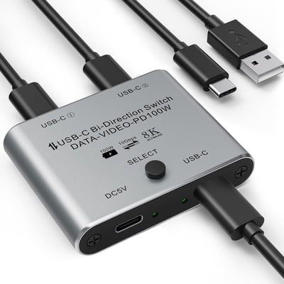 8K USB C Switch Bi-Directional, USB C KVM Switcher 8K@60Hz/4K@144Hz Video, 100W Power Delivery, 10Gbps Data Transfer – Includes Power Cable