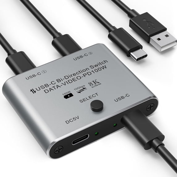 8K USB C Switch Bi-Directional, USB C KVM Switcher 8K@60Hz/4K@144Hz Video, 100W Power Delivery, 10Gbps Data Transfer – Includes Power Cable