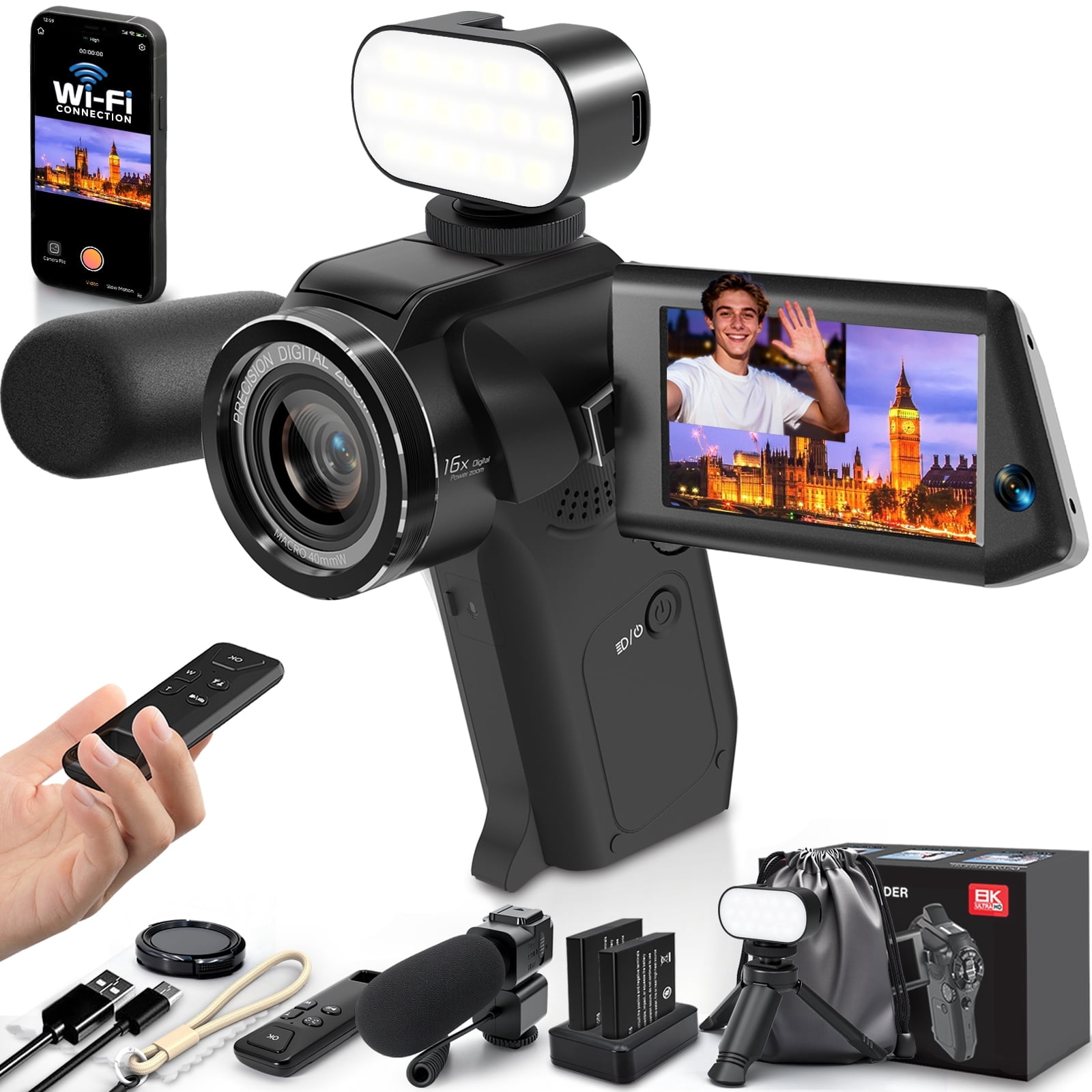 8K Video Camera 75MP Camcorder with WiFi Dual Lens Vlogging Camera for YouTube Rotation Screen Video Recorder with Microphone, Fill Light, Remote Control, mini Tripod, 2 Batteries, Charger