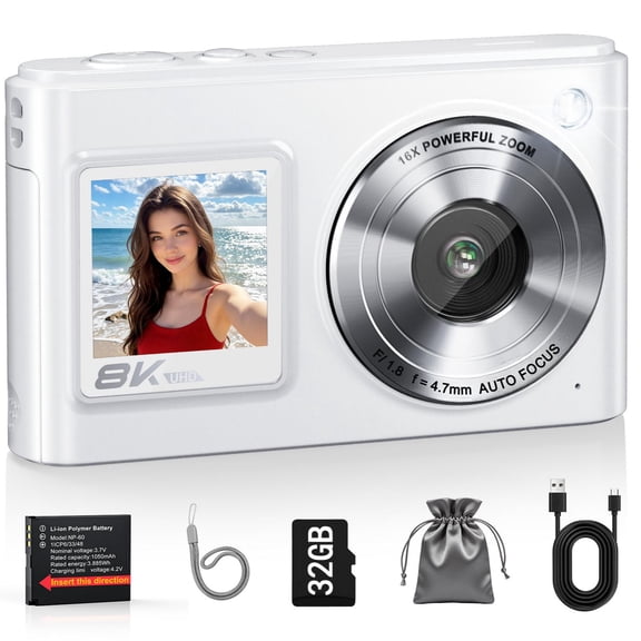 8K Vlogging Camera, 96MP High-Resolution Photography Camera with Dual Screen Selfie, 60 Filters, 5-Level Beauty Mode, and 32GB Card-White