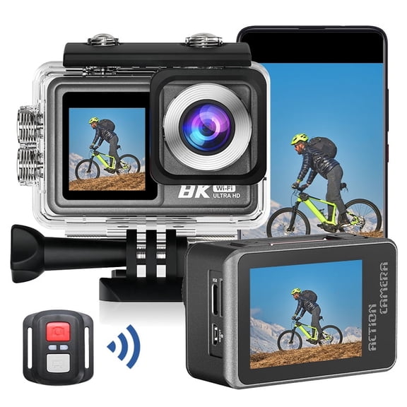 8K Waterproof Action Camera, 50MP Dual Screen WiFi Camera with EIS Stabilization, 170 Wide Angle Lens, 100ft Waterproof, 64G Card, 2Batteries
