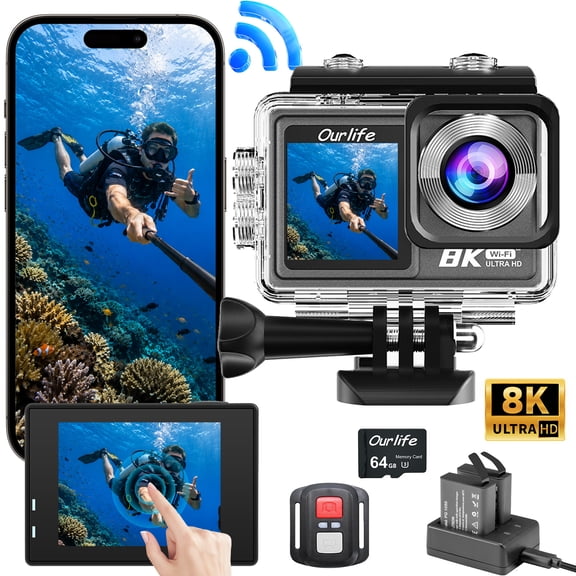 8K Waterproof Action Camera, 50MP Dual Screen Wifi Camera with Eis Stabilization, 170° Wide Angle Lens, 131ft Waterproof, 64G Card, 2Batteries