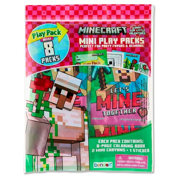 Minecraft 8 Count Mini Play Pack with Small Coloring Book and Crayons, Valentine's Day Greeting Cards