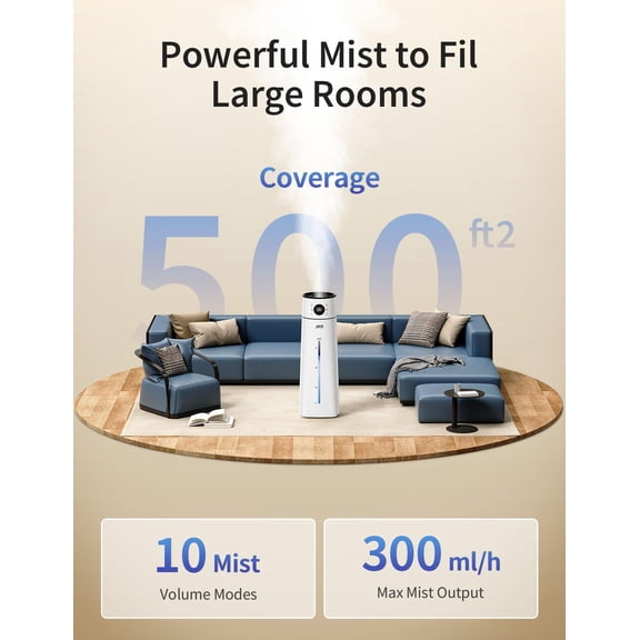 8L/ 2.1Gal Humidifier Large Room, Ultrasonic Cool Mist for Bedroom, Quiet Humidifier with Remote Control, 10 Mist Modes, 24H Timer, 40H Run, AI Mode, Night Light for Home Office Baby Pets-White