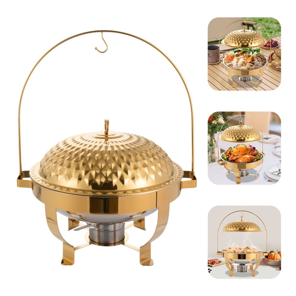 8L/8.5QT Gold Chafing Dishes, Stainless Steel Round Chafer, Hanging Lid Dining Stove with Water&Food Pan for Wedding Parties Banquets Events