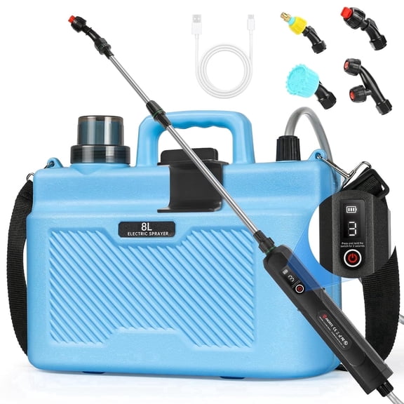 DQQKMM 8L Rechargeable Electric Sprayer, 2000mAh Battery, Digital Display, 3 Speeds, 4 Nozzles & Telescopic Wand for Lawn, Garden Cleaning