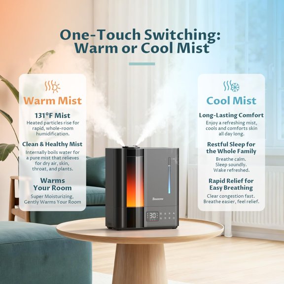 8L Humidifier for Bedroom, Warm & Cool Mist Large Room, Top Fill Ultrasonic with Humidity Sensor, Essential Oil Tray, 60H Runtime, Quiet Sleep Mode