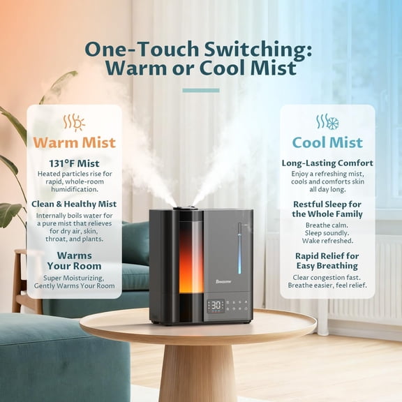 8L Humidifier for Bedroom with Warm & Cool Mist, Top Fill Ultrasonic Humidifier for Large Room, 60H Runtime, Quiet Operation, Essential Oil Diffuser