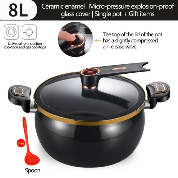8L Micro Pressure Cooker, Enamel Fast Heating Air Release Pressure Pot with Lock Handles, Non-stick Stockpot for Gas Stove, Electric Ceramic Stoves, Induction, Black
