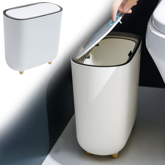 8L Narrow Small Lidded Bathroom Can Thin Covered Compact Kitchen Wastebasket Space-Saving Sealed Bin(White-28.6X28.6X19.6Cm)