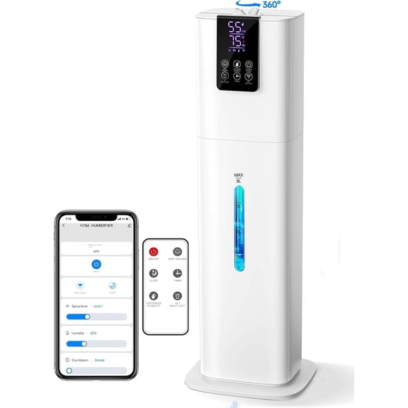 8L Smart Humidifiers for Bedroom Large Room, 2.1Gal Cool Mist Top Fill Diffuser Ambient Light, App & Remote Control, 3 Modes, Quiet Humidifier Home Office Plant