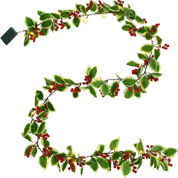 8M Pre-Lit Garland With Berries And Holly Leaves, Battery Operated With Timer, Indoor Outdoor Use For Christmas Fireplace Gate Home Winter New Year Decor