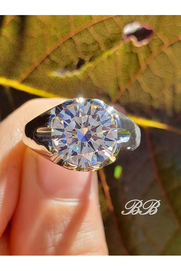 8MM - 10MM Mens Round Statement Ring, Moissanite or 6A Quality Cubic Zirconia, Unplated Sterling Silver, Made to Order