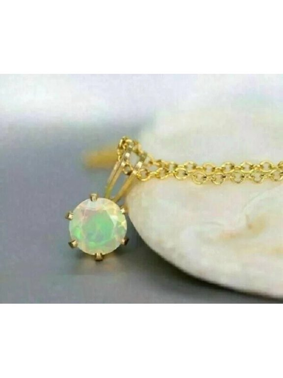 8MM 1Ct Round Cut Lab Created Fire Opal Pendant 14K Yellow Gold Plated 18"
